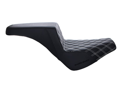 Step-Up LS Dual Seat with White Double Diamond Lattice Stitch. Fits Softail Street Bob 2018up & Standard 2020up.