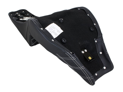 Step-Up LS Dual Seat with White Double Diamond Lattice Stitch. Fits Softail Street Bob 2018up & Standard 2020up.