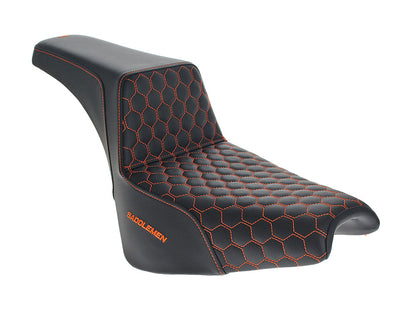 Step-Up HC Dual Seat with Orange Honeycomb Stitch. Fits Softail Street Bob 2018up & Standard 2020up