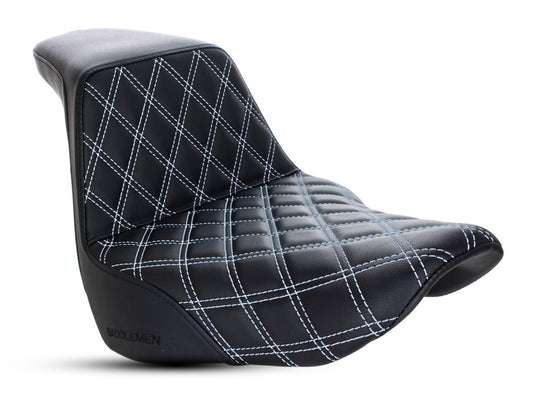 Step-Up LS Dual Seat with White Double Diamond Lattice Stitch. Fits Softail Deluxe 2018-2020, Slim 2018-2021 & Heritage Classic 2018up