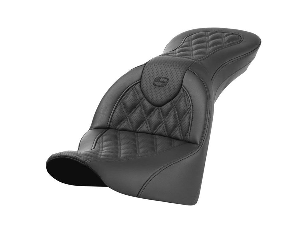 Roadsofa LS Dual Seat with Black Double Diamond Lattice Stitch. Fits Softail Deluxe 2018-2020, Slim 2018-2021 & Heritage Classic 2018up