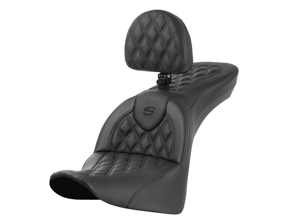Roadsofa LS Dual Seat With Backrest & with Black Double Diamond Lattice Stitch. Fits Softail Deluxe 2018-2020, Slim 2018-2021 & Heritage Classic 2018up