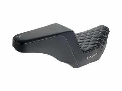 Step-Up LS Dual Seat with White Double Diamond Lattice Stitch. Fits CVO Touring 2023up, Street Glide & Road Glide 2024up, Touring 2025up