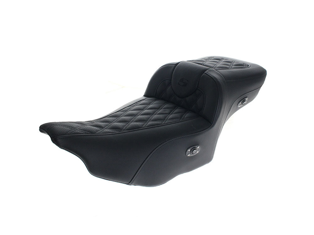 Heated Roadsofa LS Dual Seat With Backrest & Black Double Diamond Lattice Stitch. Fits CVO Touring 2023up, Street Glide & Road Glide 2024up, Touring 2025up
