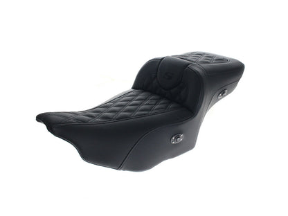 Heated Roadsofa LS Dual Seat With Backrest & Black Double Diamond Lattice Stitch. Fits CVO Touring 2023up, Street Glide & Road Glide 2024up, Touring 2025up