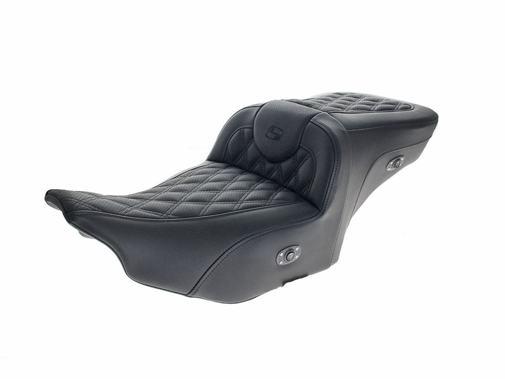 Heated, Extended Roadsofa LS Dual Seat With Backrest & Black Double Diamond Lattice Stitch. Fits CVO Touring 2023up, Street Glide & Road Glide 2024up, Touring 2025up
