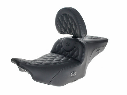 Heated, Extended Roadsofa LS Dual Seat With Backrest & Black Double Diamond Lattice Stitch. Fits CVO Touring 2023up, Street Glide & Road Glide 2024up, Touring 2025up