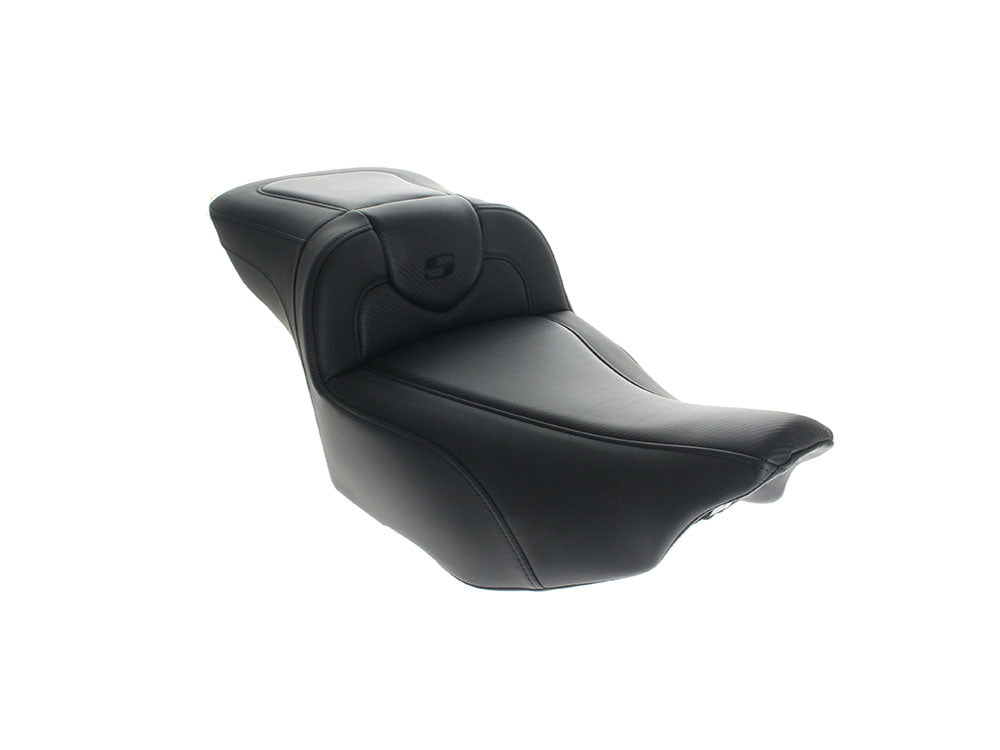 Extended Roadsofa CF Dual Seat With Backrest & Carbon Fiber Weave. Fits CVO Touring 2023up, Street Glide & Road Glide 2024up, Touring 2025up