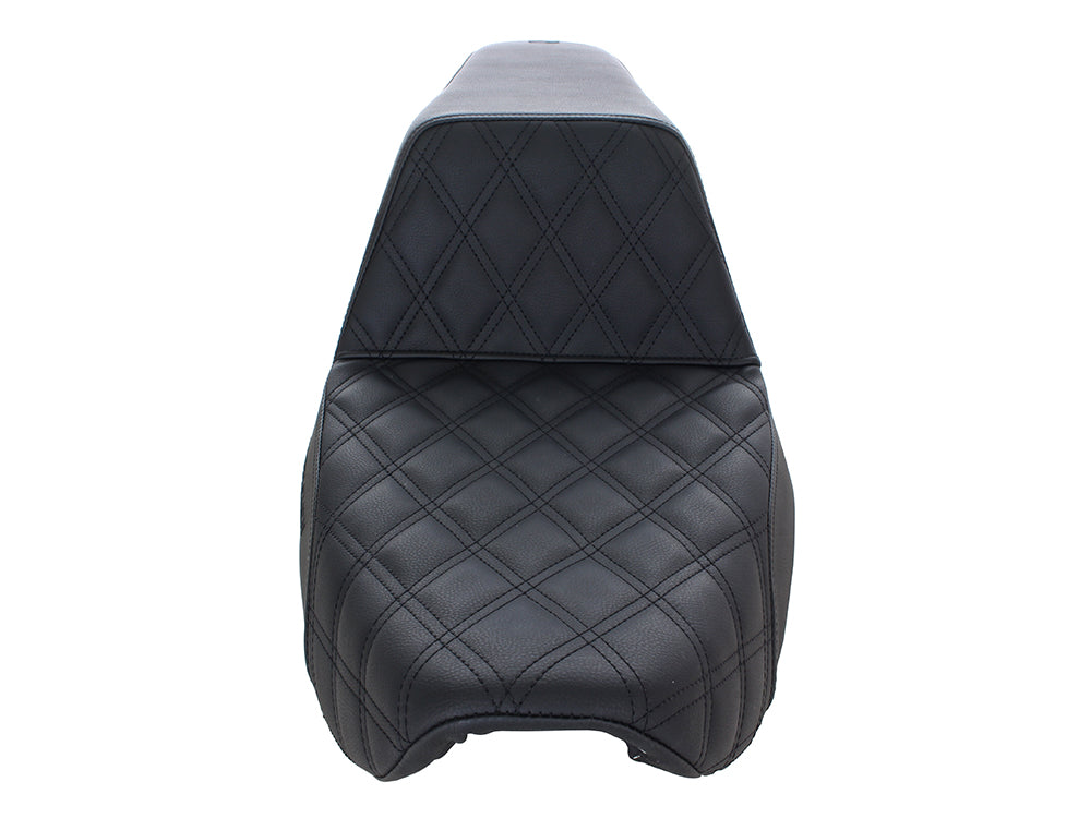 Step-Up LS Dual Seat with Black Double Diamond Lattice Stitch. Fits Dyna 1996-2003.