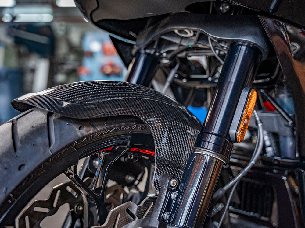 Shorty Carbon Front Fender - Gloss Finish. Fits CVO Touring 2023up, Street Glide & Road Glide 2024up & Touring 2025up with 19in. Front Wheel