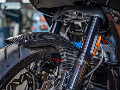 Shorty Carbon Front Fender - Gloss Finish. Fits CVO Touring 2023up, Street Glide & Road Glide 2024up & Touring 2025up with 19in. Front Wheel