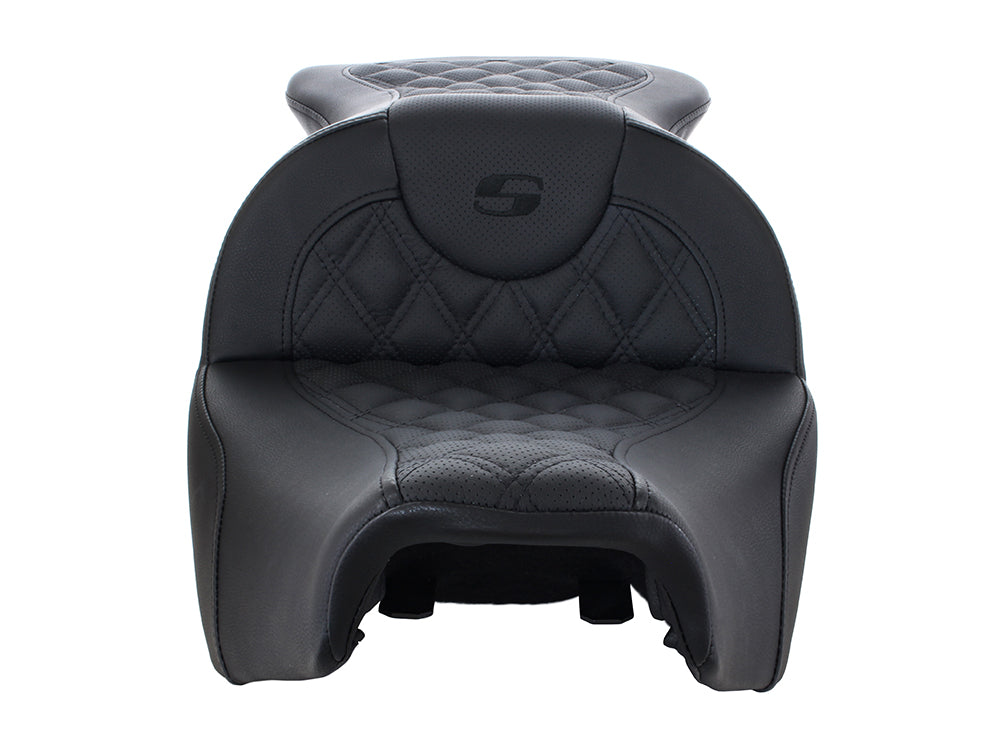 RoadSofa LS Dual Seat with Black Double Diamond Lattice Stitch. Fits Indian Touring 2014up.