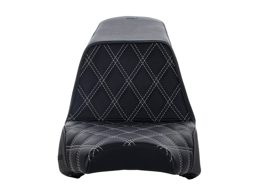 Step-Up LS Dual Seat with Silver Double Diamond Lattice Stitch. Fits Scout Bobber 2018-2024