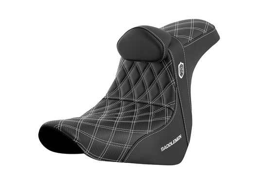 Pro Series San Diego Customs Performance Gripper Dual Seat with Backrest & White Stitch. Fits Sport Glide & Low Rider 2018up, Low Rider S 2020up & Low Rider ST 2022up