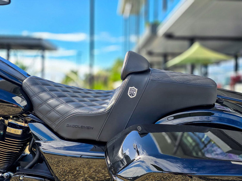 Step-Up San Diego Customs Pro Series Gripper Dual Seat With Backrest & Black Stitch. Fits CVO Touring 2023up, Street Glide & Road Glide 2024up, Touring 2025up