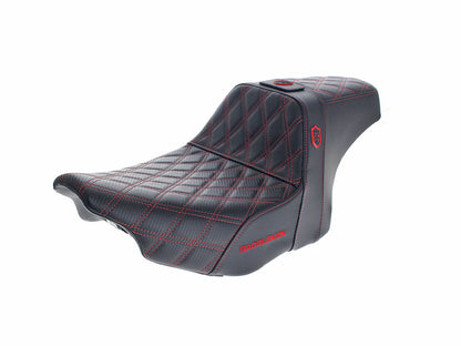 Step-Up San Diego Customs Pro Series Gripper Dual Seat With Backrest & Red Stitch. Fits CVO Touring 2023up, Street Glide & Road Glide 2024up, Touring 2025up