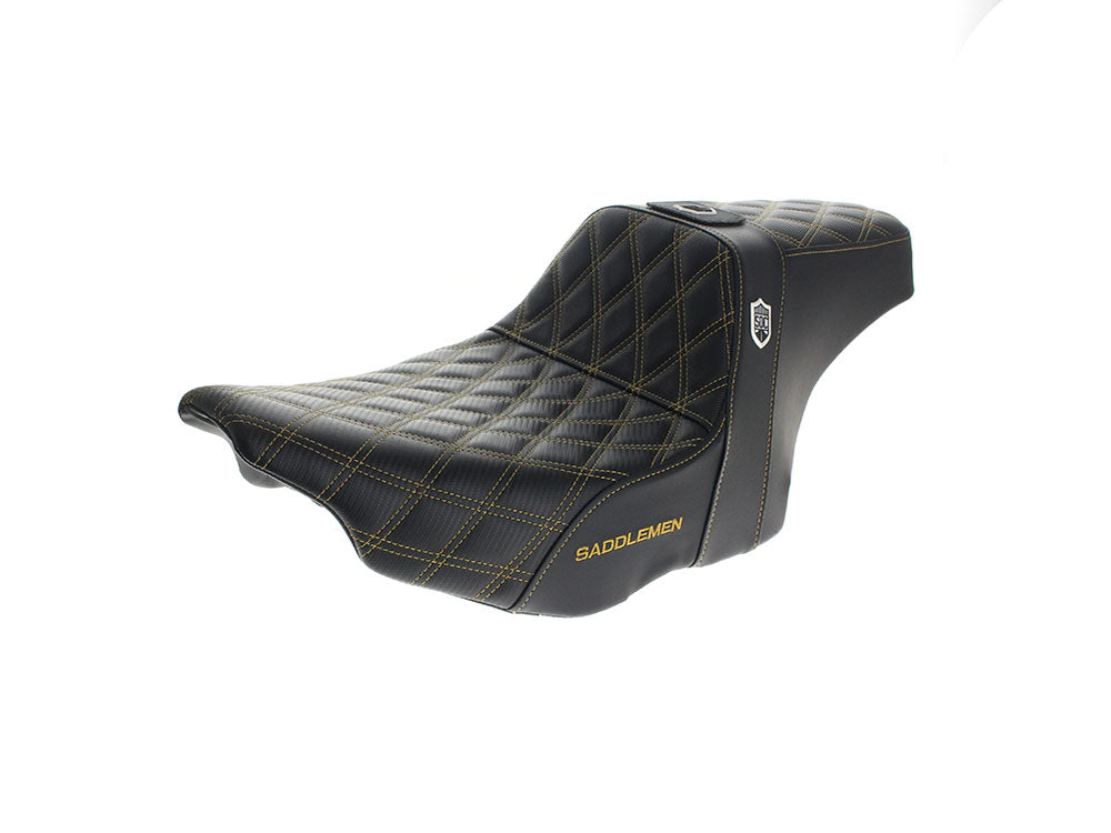 Step-Up San Diego Customs Pro Series Gripper Dual Seat With Backrest & Gold Stitch. Fits CVO Touring 2023up, Street Glide & Road Glide 2024up, Touring 2025up
