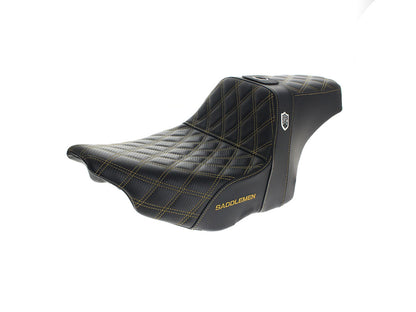 Step-Up San Diego Customs Pro Series Gripper Dual Seat With Backrest & Gold Stitch. Fits CVO Touring 2023up, Street Glide & Road Glide 2024up, Touring 2025up