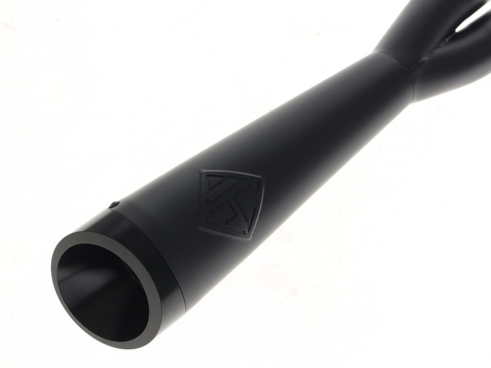 2-into-1 Cutback Exhaust - Black with Black End Cap. Fits Softail 2018up Non-240 Rear Tyre Models.