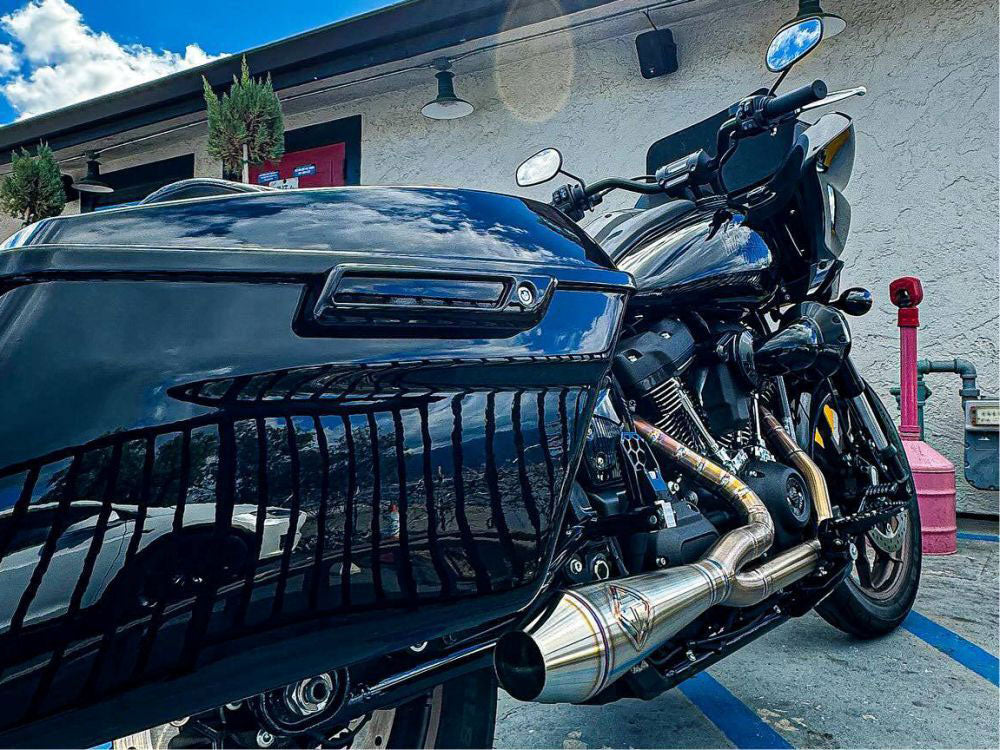 2-into-1 4.5in. Works Edition Big Bore Exhaust - Stainless Steel. Fits Softail 2018up Non-240 Rear Tyre Models.