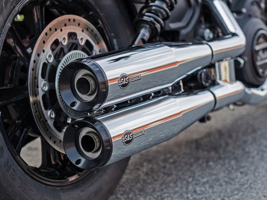 4in. Grand National Slip-On Mufflers - Chrome with Black End Caps. Fits Indian Scout 2015-2024