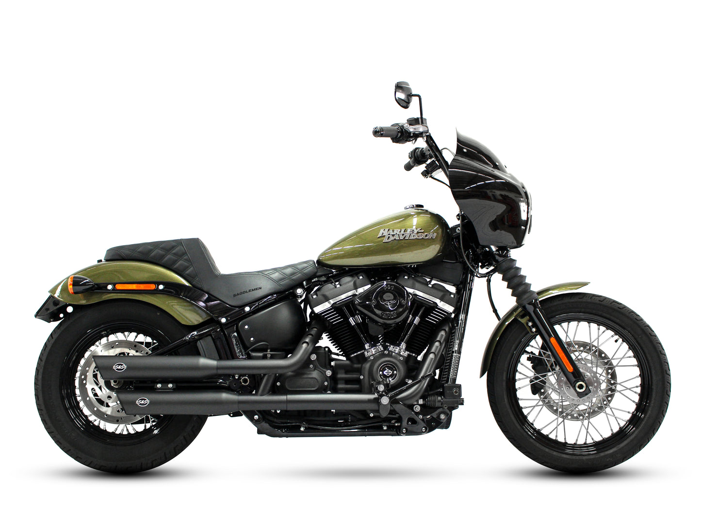 3-1/2in. Slash Cut Slip-On Mufflers - Black. Fits Softail Slim, Street Bob, Standard & Low Rider Models 2018-2024 & Breakout & Fat Boy 2018up