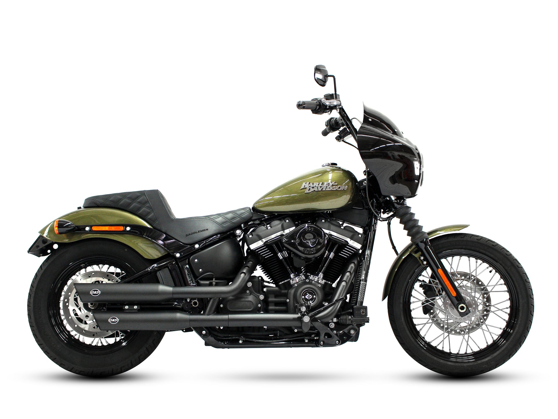 3-1/2in. Slash Cut Slip-On Mufflers - Black. Fits Softail Slim, Street Bob, Standard & Low Rider Models 2018-2024 & Breakout & Fat Boy 2018up