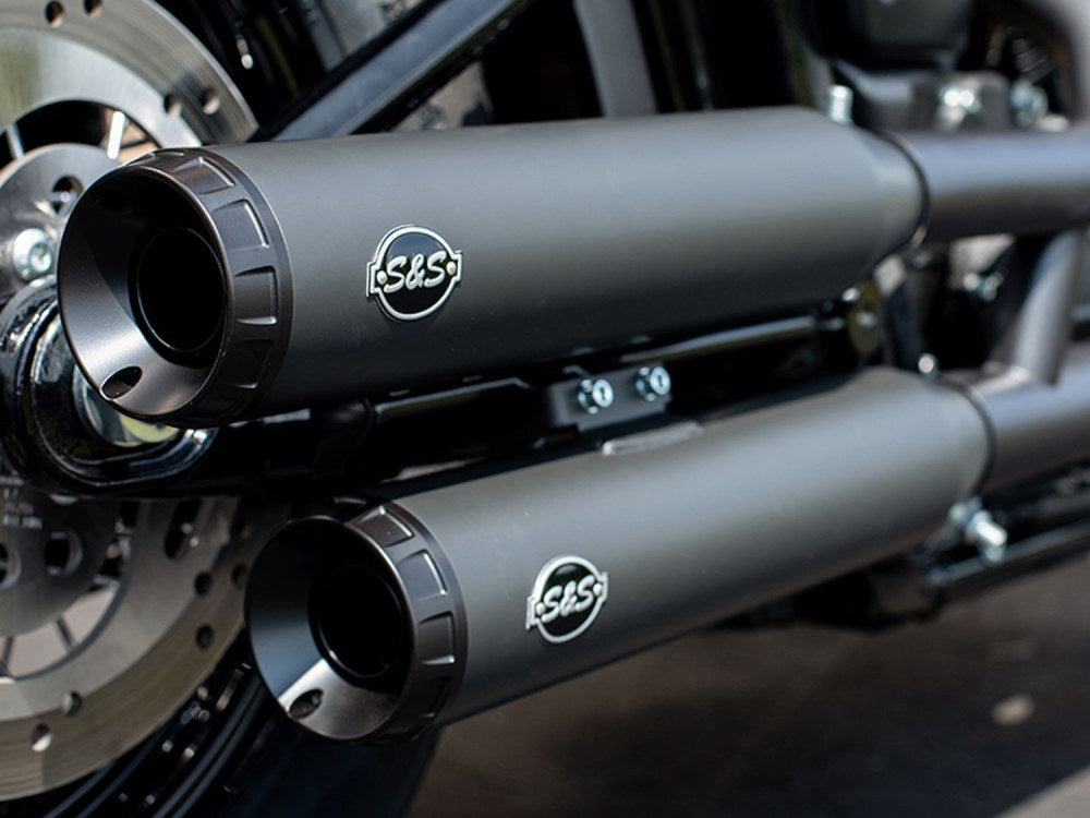 3-1/2in. Grand National Slip-On Mufflers - Black with Black End Caps. Fits Softail Slim, Street Bob, Standard & Low Rider Models 2018-2024 & Breakout & Fat Boy 2018up