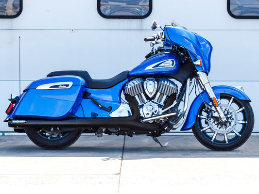 Broadhead 4in. Slip-On Mufflers - Black with Black End Caps. Fits Indian Big Twin 2014up with Hard Saddle Bags.