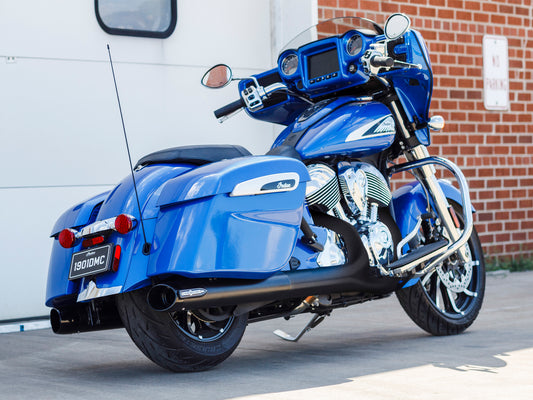 Broadhead 4in. Slip-On Mufflers - Black with Black End Caps. Fits Indian Big Twin 2014up with Hard Saddle Bags.