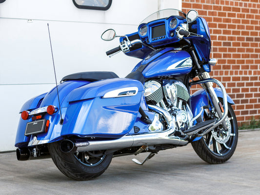 Broadhead 4in. Slip-On Mufflers - Chrome with Black End Caps. Fits Indian Big Twin 2014up with Hard Saddle Bags.