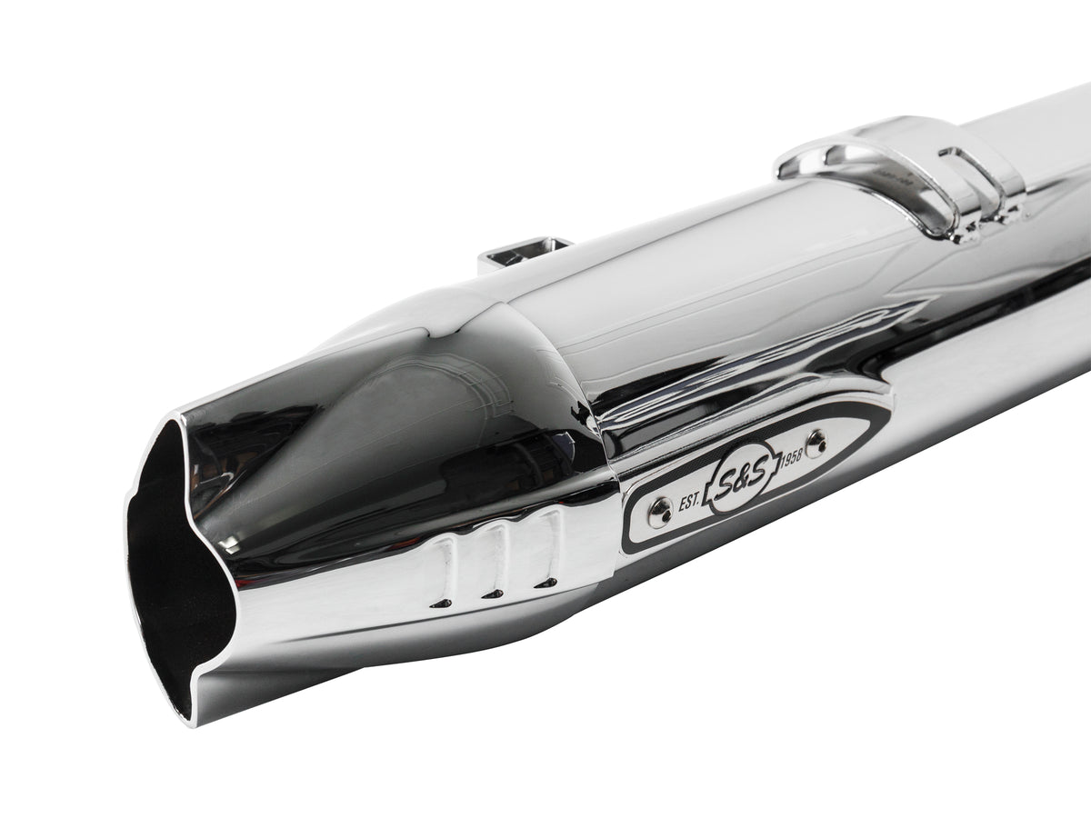 Fishtail 4in. Slip-On Mufflers - Chrome with Chrome End Caps. Fits Indian Big Twin 2014up with Hard Saddle Bags.