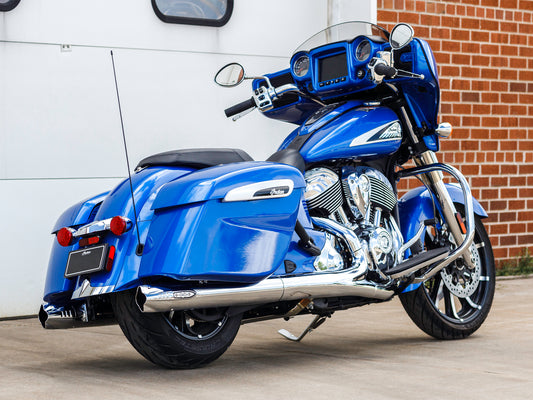Fishtail 4in. Slip-On Mufflers - Chrome with Chrome End Caps. Fits Indian Big Twin 2014up with Hard Saddle Bags.