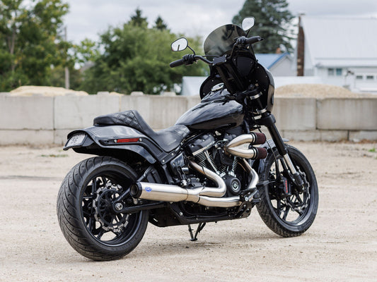 2-into-1 Qualifier Exhaust - Stainless Steel with Black End Cap. Fits Softail 2018up Non-240 Rear Tyre Models
