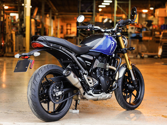4in. Grand National Slip-On Muffler - Stainless Steel with Black End Cap. Fits Triumph Speed 400 & Scrambler 400X 2024up