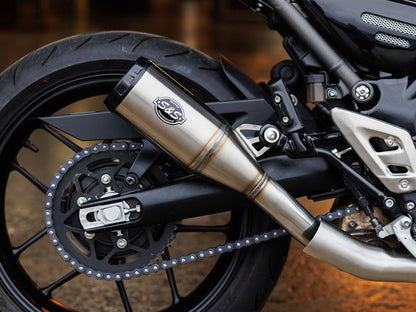 4in. Grand National Slip-On Muffler - Stainless Steel with Black End Cap. Fits Triumph Speed 400 & Scrambler 400X 2024up