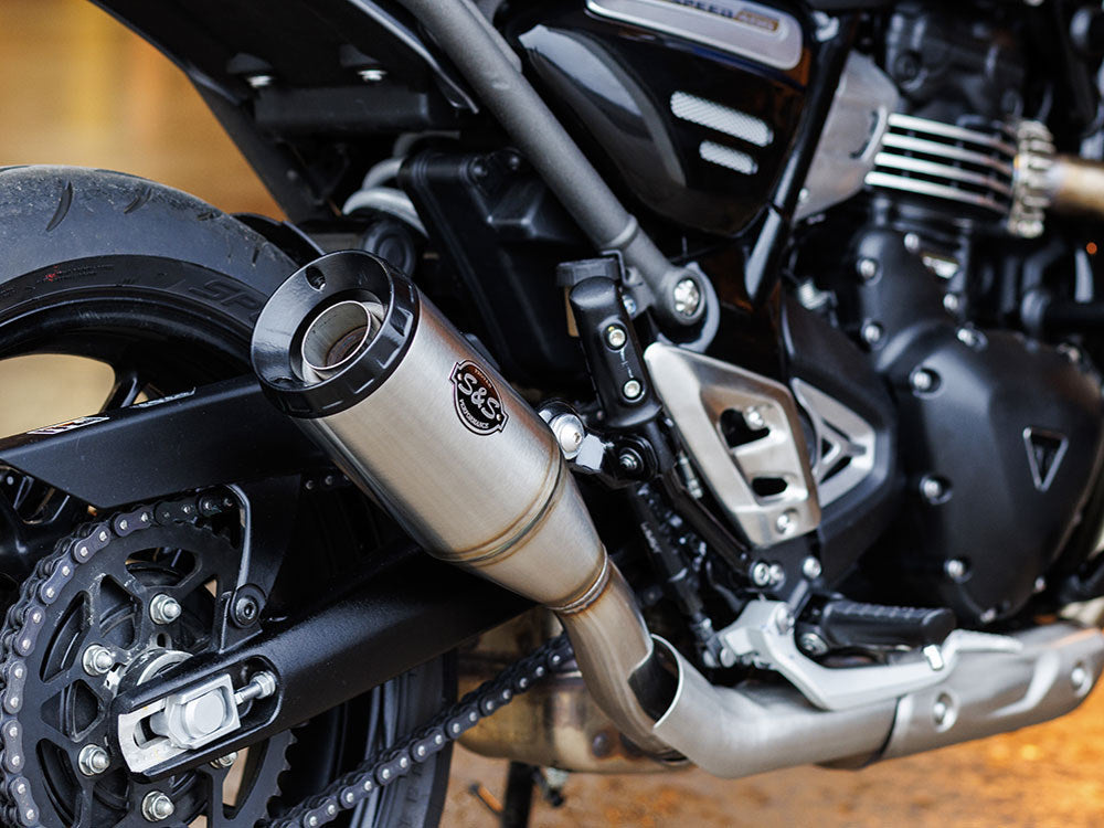 4in. Grand National Slip-On Muffler - Stainless Steel with Black End Cap. Fits Triumph Speed 400 & Scrambler 400X 2024up