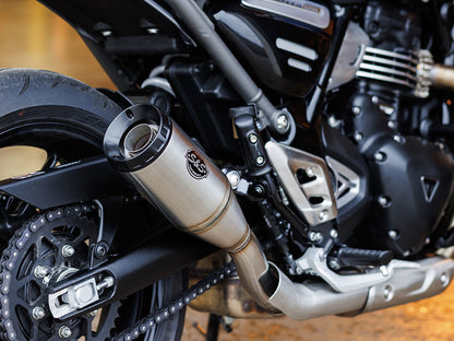 4in. Grand National Slip-On Muffler - Stainless Steel with Black End Cap. Fits Triumph Speed 400 & Scrambler 400X 2024up