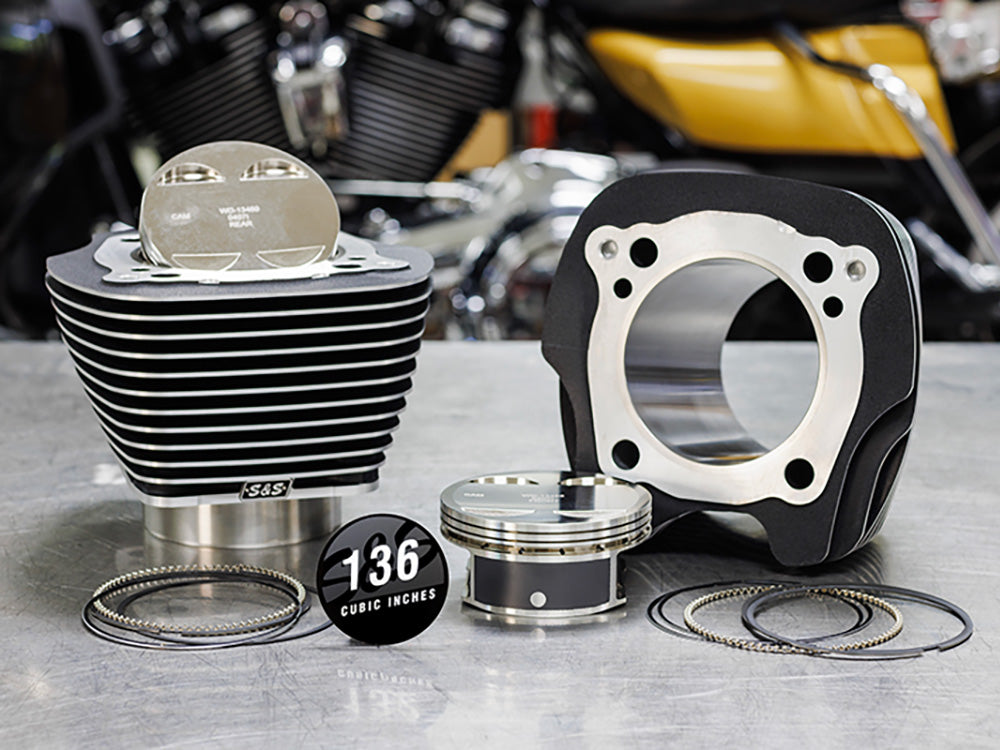 136ci Big Bore Kit with Highlighted Fins - Black Granite. 12.0:1 Compression. Fits CVO Milwaukee-Eight 2023up with 121ci Engine
