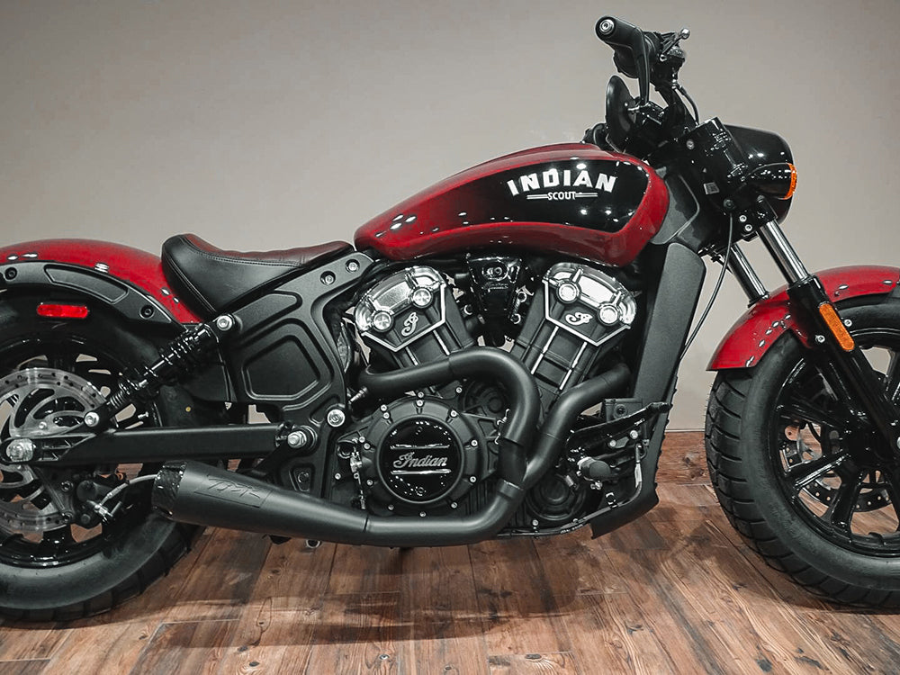 Comp-S 2-into-1 Exhaust - Black with Carbon Fiber End Cap. Fits Indian Scout 2015-2024 & also fits Victory Octane.