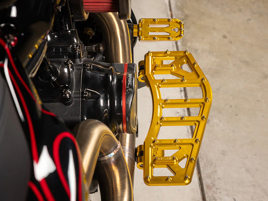Aggressor Rider Floorboards - Gold. Fits Touring 1980up, FL Softail 1986-2017 & Dyna Switchback 2012-2016
