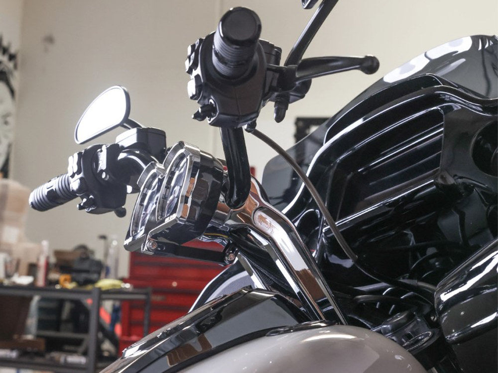 Thrashin Risers to Gauges Relocation Front Extension Bracket - Black. Fits Road Glide 2015up.