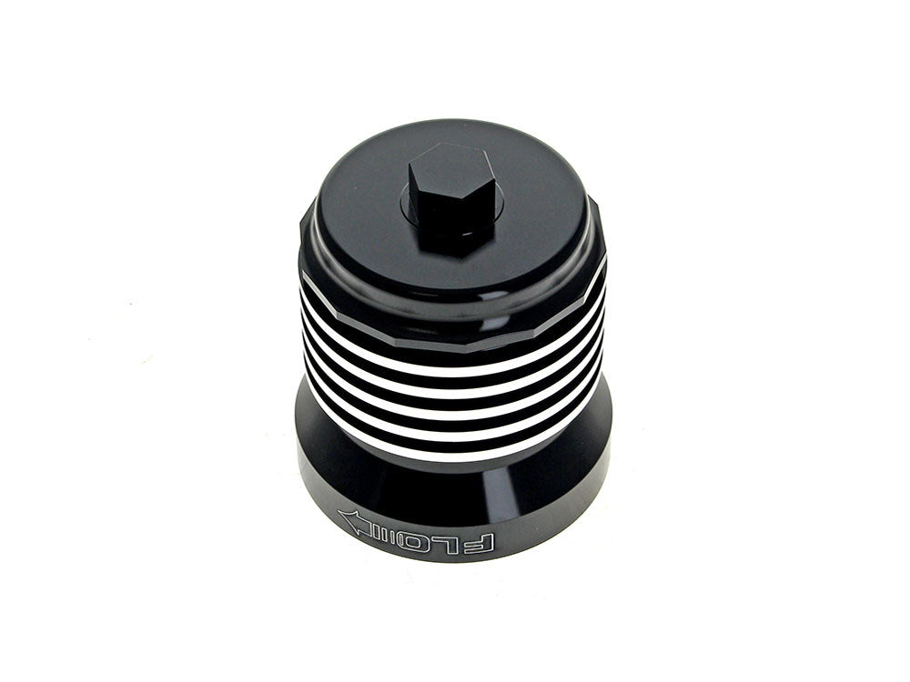 FLO Reusable Oil Filter - Black with Polished Fins. Fits Milwaukee Eight 2017up, Twin Cam 1999-2017, Evolution 1984-1999 & Sportster 1984-2021