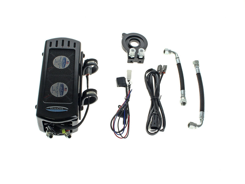 Fan Assisted Side Mount Oil Cooler Kit - Gloss Black. Fits Softail 2018up with no Crash Bar/Engine Guard