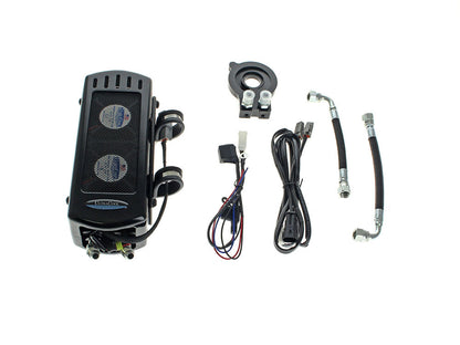 Fan Assisted Side Mount Oil Cooler Kit - Gloss Black. Fits Softail 2018up with no Crash Bar/Engine Guard