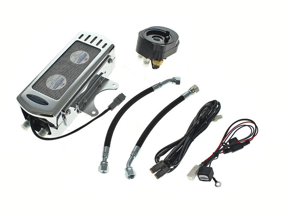 Fan Assisted Side Mount Oil Cooler Kit - Chrome. Fits Touring 1992-2008 and FXR 1992-1994