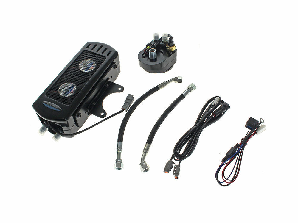 Fan Assisted Side Mount Oil Cooler Kit - Gloss Black. Fits Touring 1992-2008 and FXR 1992-1994