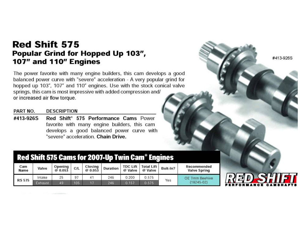 Red Shift 575 Chain Drive Camshaft Set. Fits Twin Cam 2007-2017.