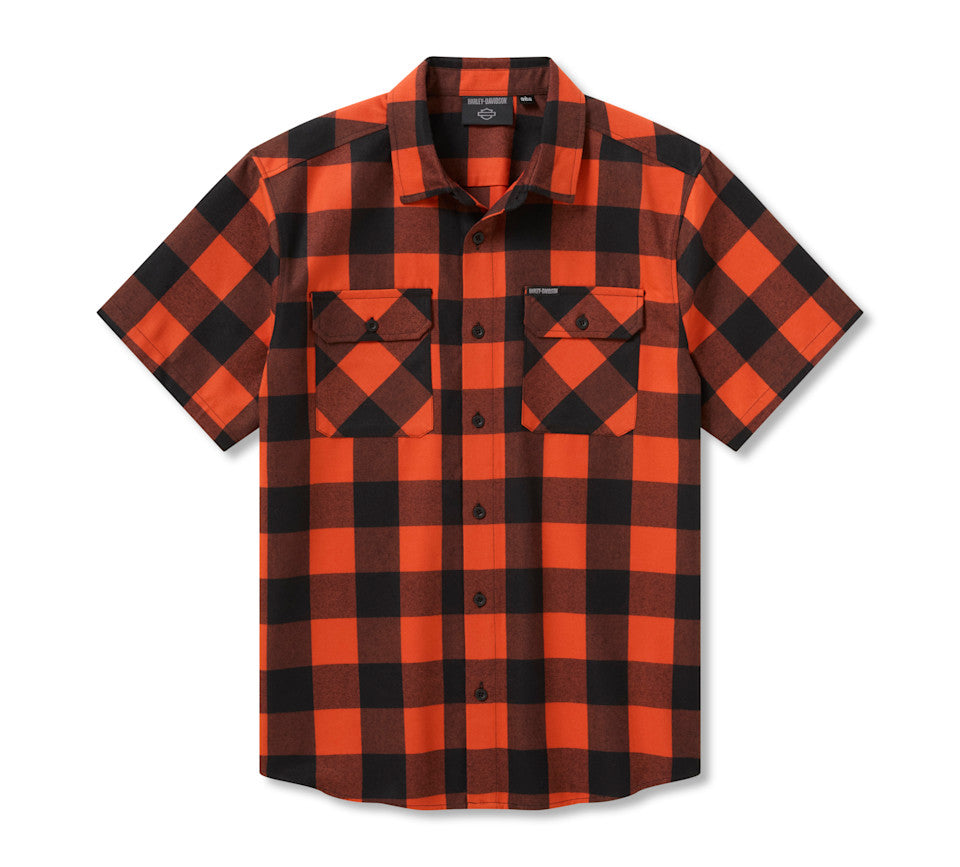 Harley-Davidson Standard Men's Short Sleeve Plaid Shirt - Harley Black & Vintage Orange