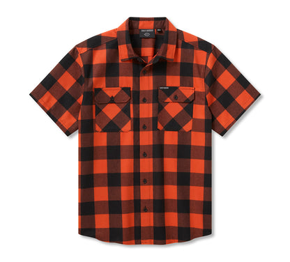 Harley-Davidson Standard Men's Short Sleeve Plaid Shirt - Harley Black & Vintage Orange